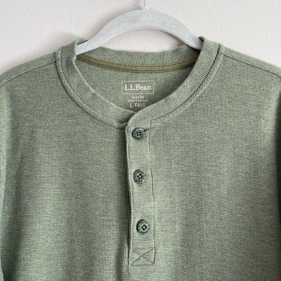 LL Bean Mens Thermal Waffle Knit Henley Shirt Size Large TALL Green Cotton - Picture 2 of 9